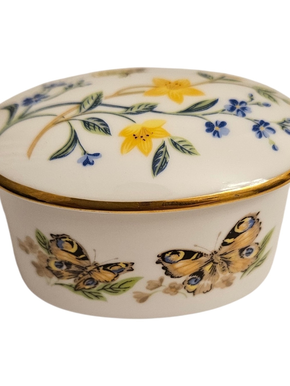 Porcelain Butterfly Trinket Box with Yellow Floral Accents Vintage Caverswall